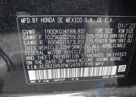 2023 Honda Hr-V 2Wd Sport from USA, damaged, VIN 3CZRZ1H52PM728357